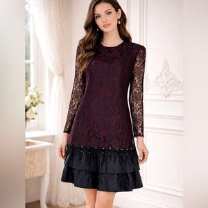 VTG 70’ DAVID ROSE burgundy black cocktail dress lace rhinestone Victorian 18